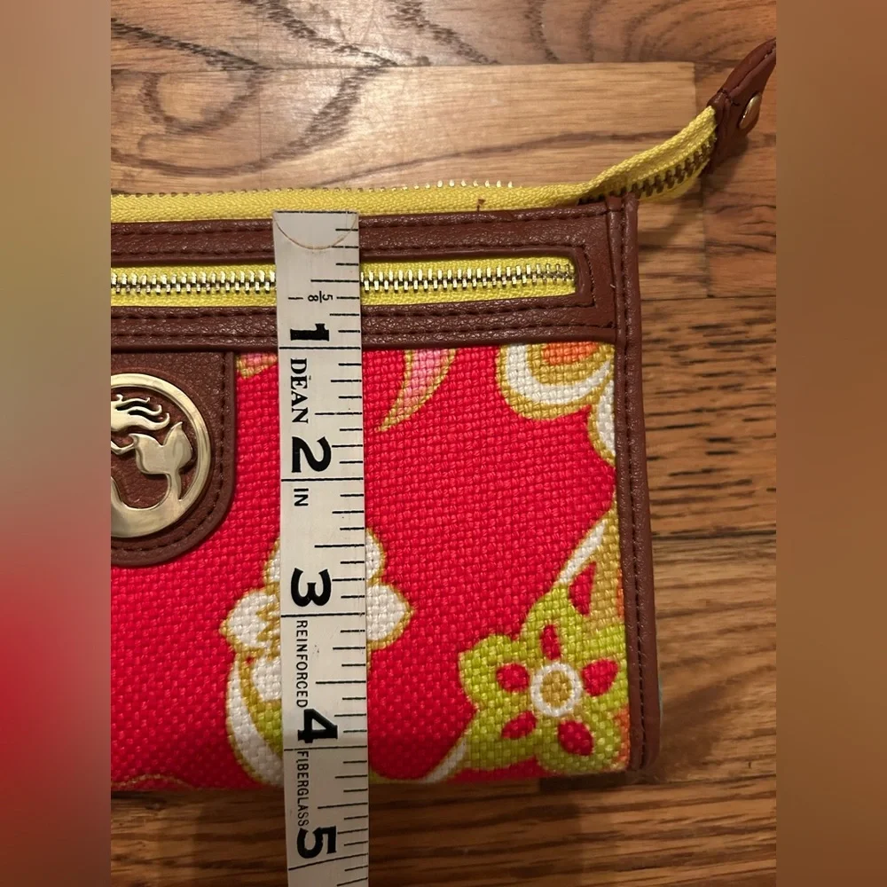 Spartina 449 Women's Red Yellow Linen & Leather Floral Wristlet W/ Gold Accents